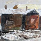 Mid-Century Modern Swedish "Chimneys" Vintage Winter Street Scene Oil Painting, Framed