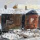 Mid-Century Modern Swedish "Chimneys" Vintage Winter Street Scene Oil Painting, Framed
