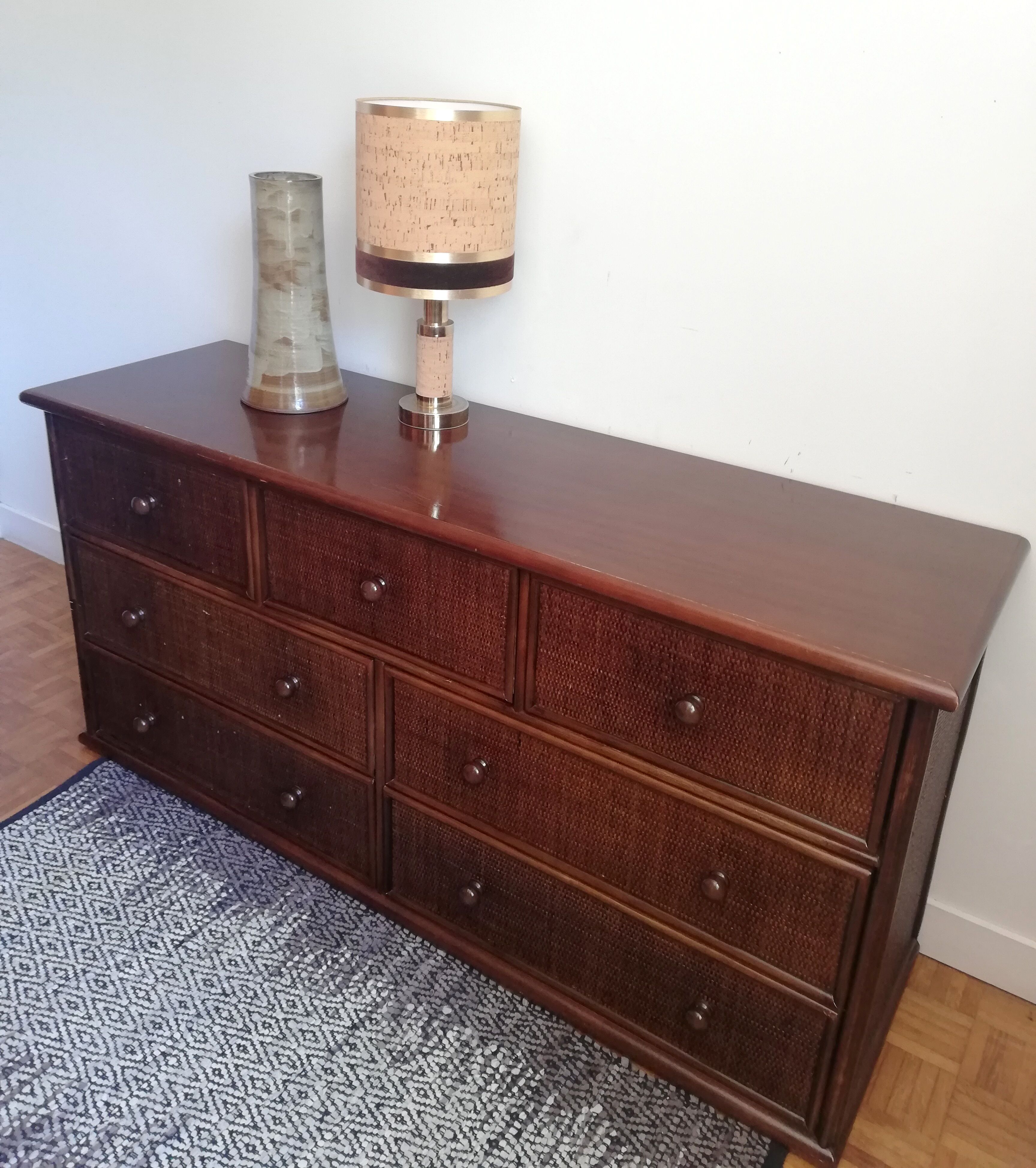 Chest of drawers braided rattan and wood