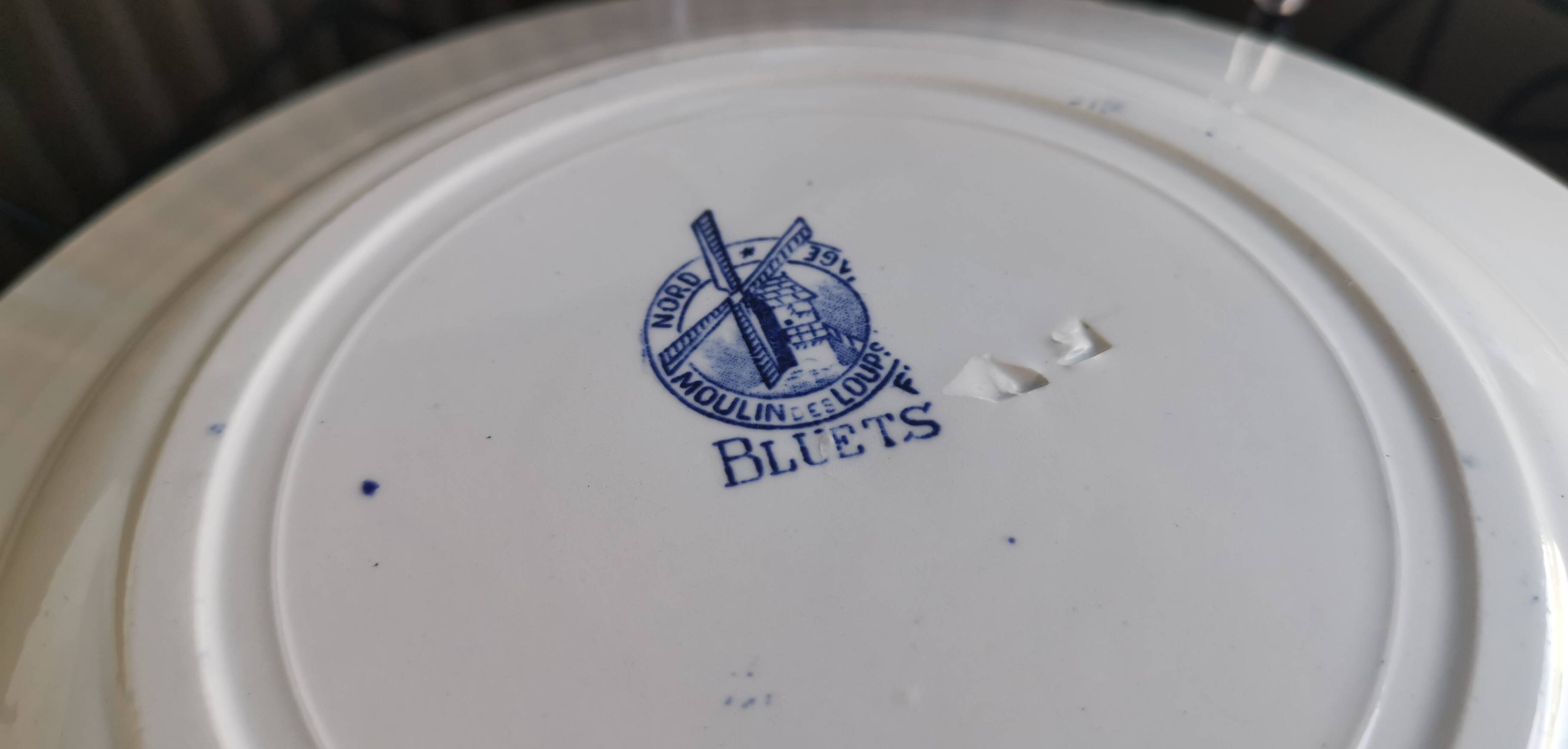 6 assiettes anciennes dépareillées bleues et blanches, St Amand, Moulin des Loups