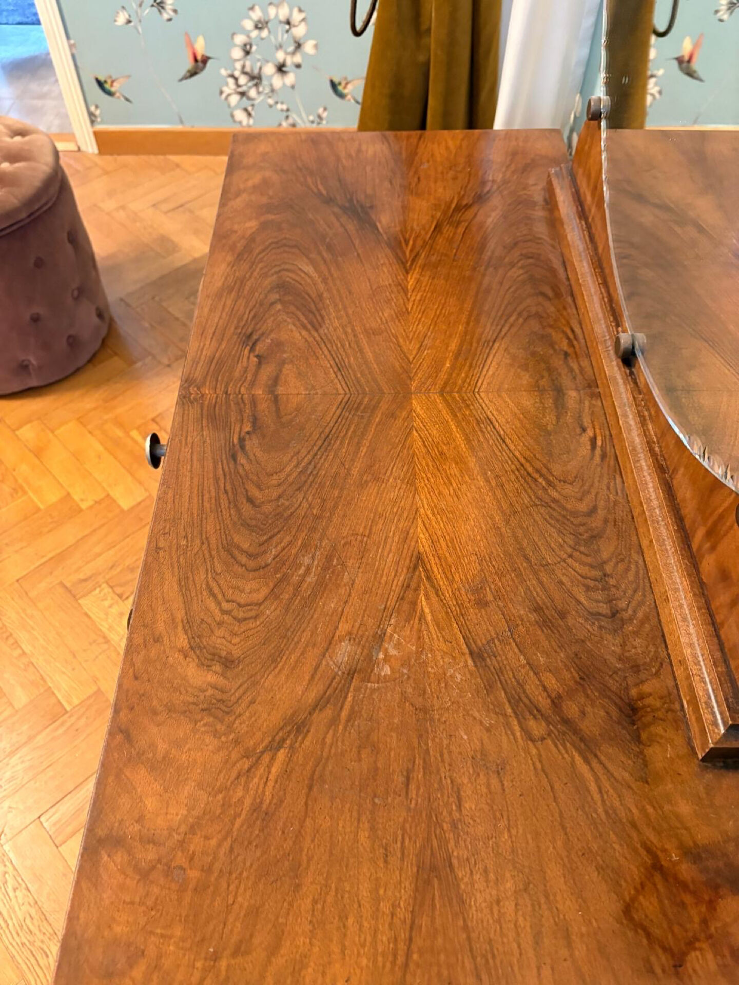 Art Deco walnut dressing table with round mirror – Vintage