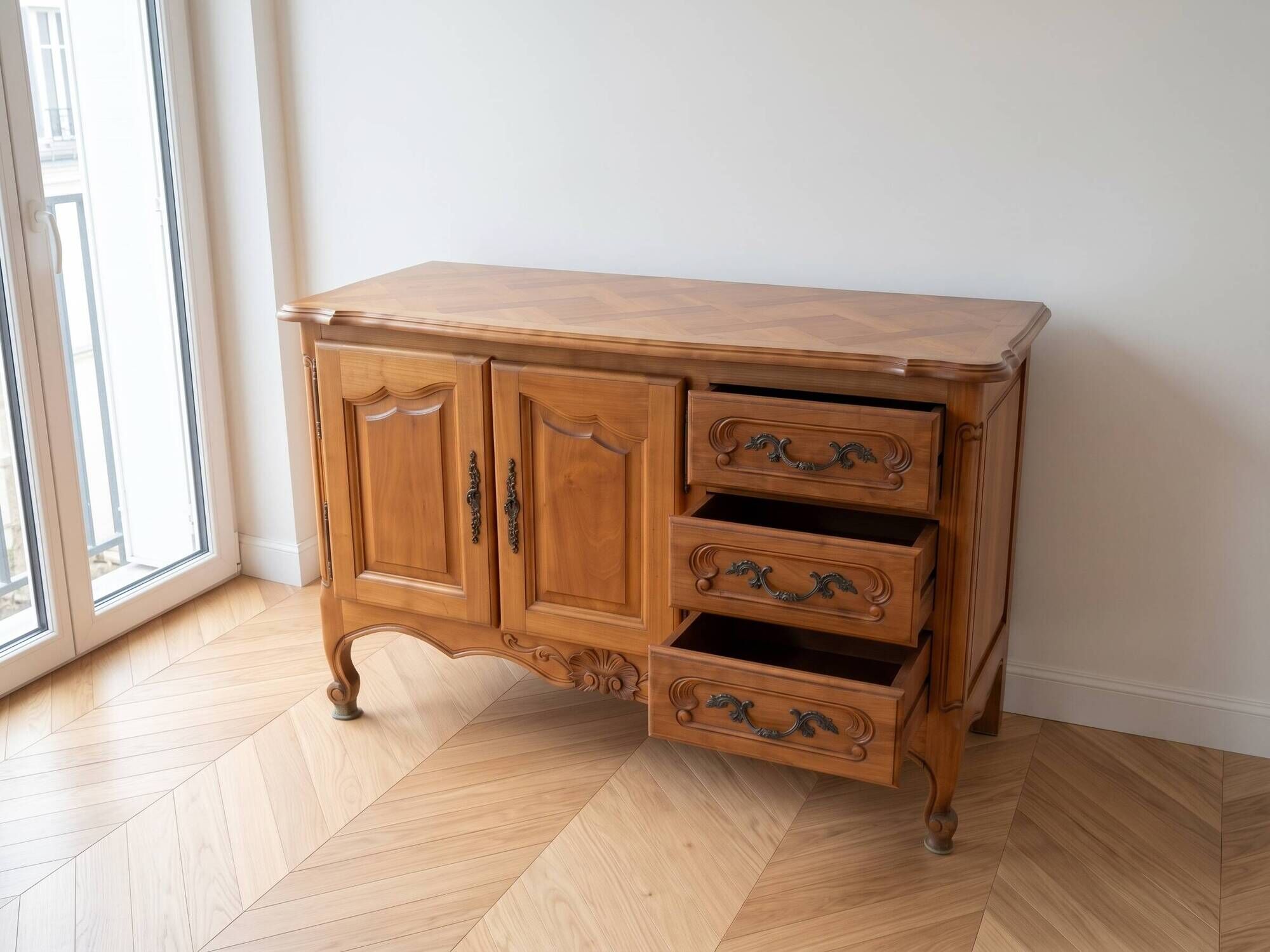 Louis XV style buffet in solid cherry wood.