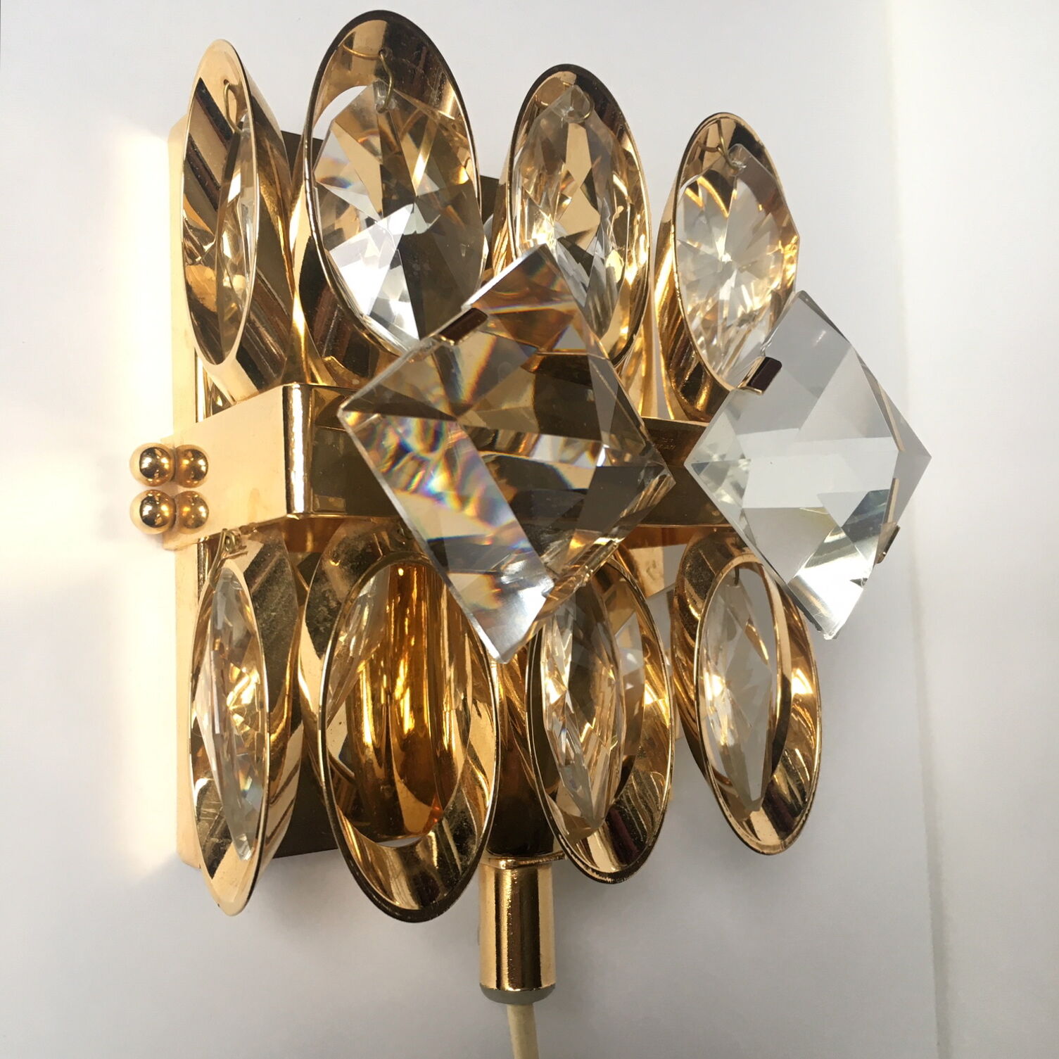 Palwa gold brass and crystal wall light 1960 design