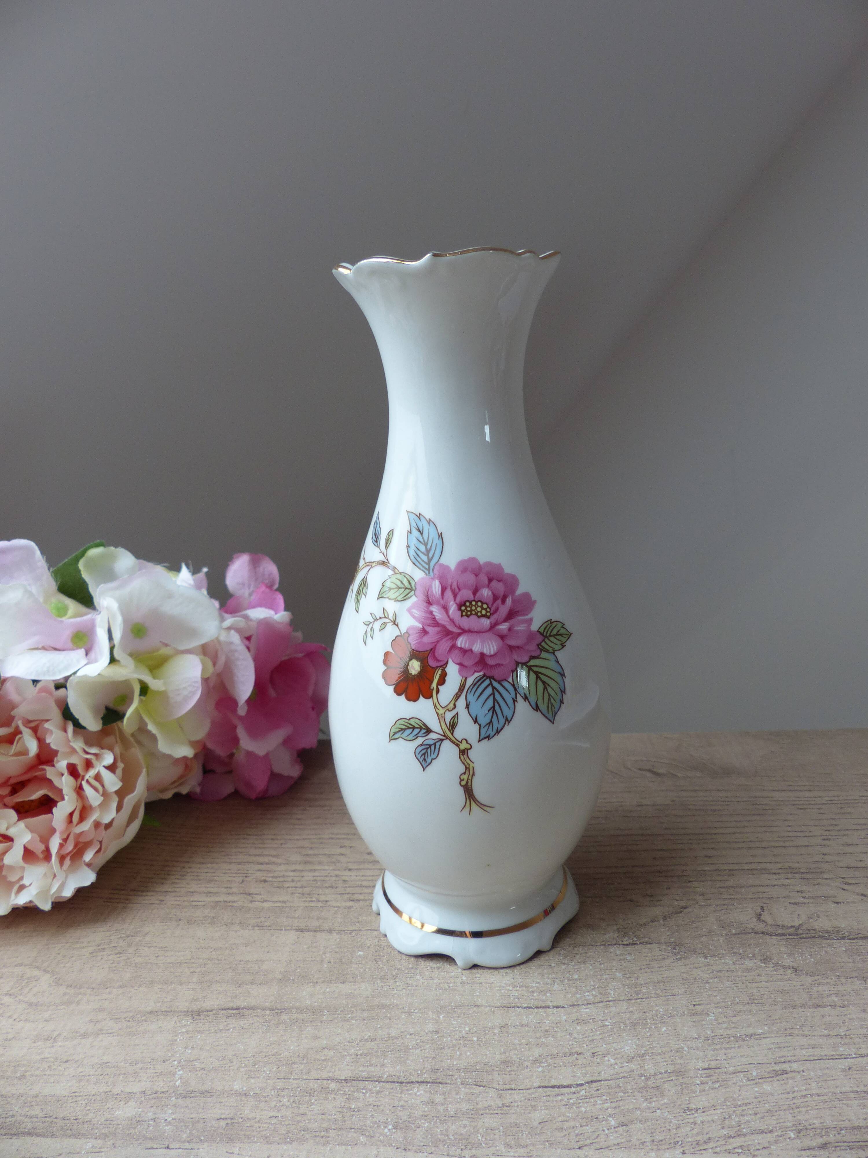 Porcelain vase pink flowers motif made in portugal