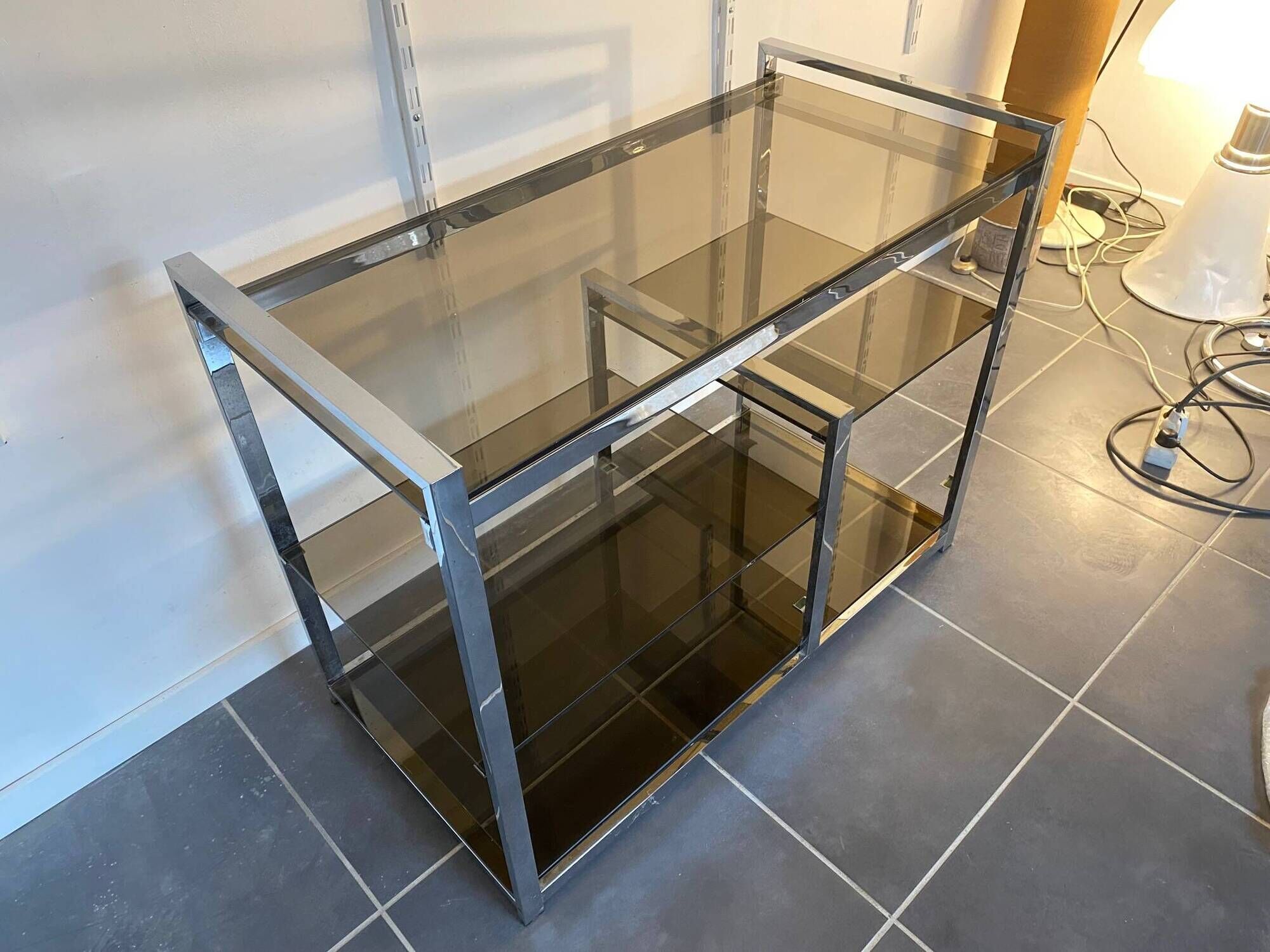 TV storage unit in chrome steel and vintage glass 1970