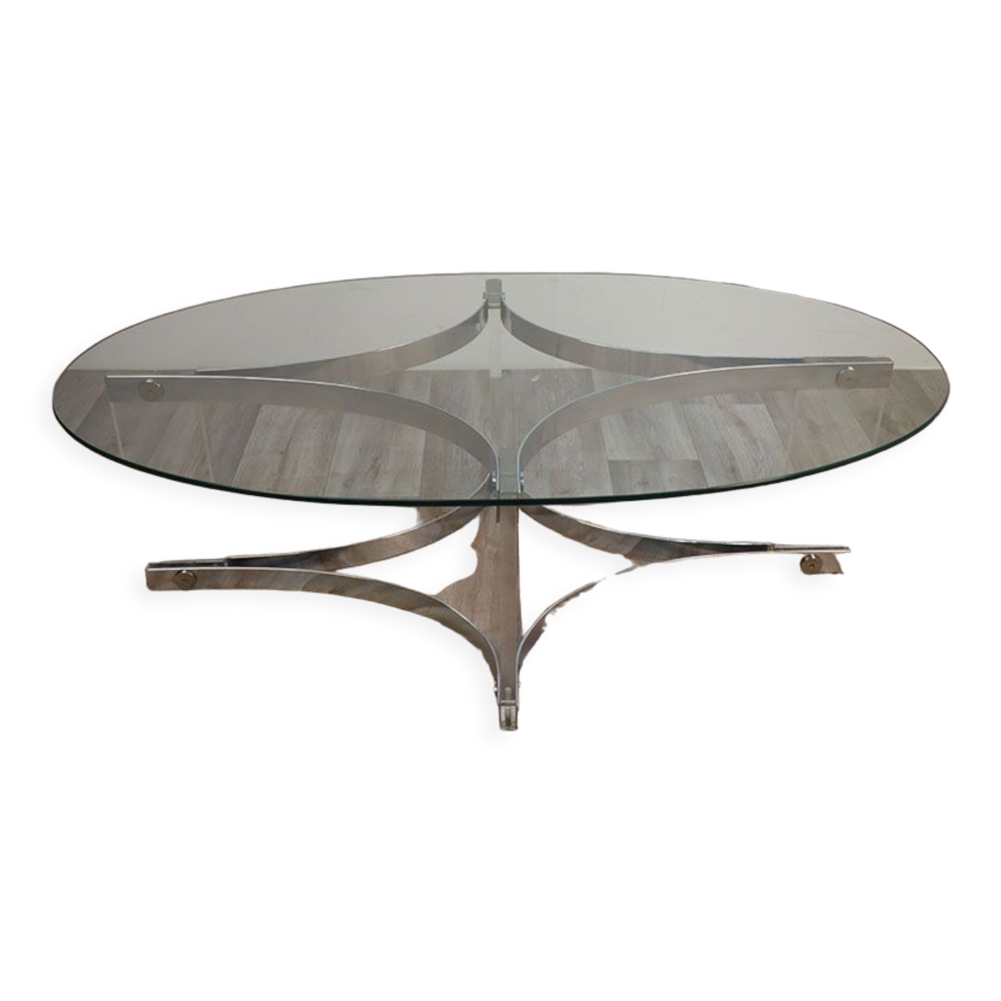 Table basse vintage en verre et métal chromé 1970