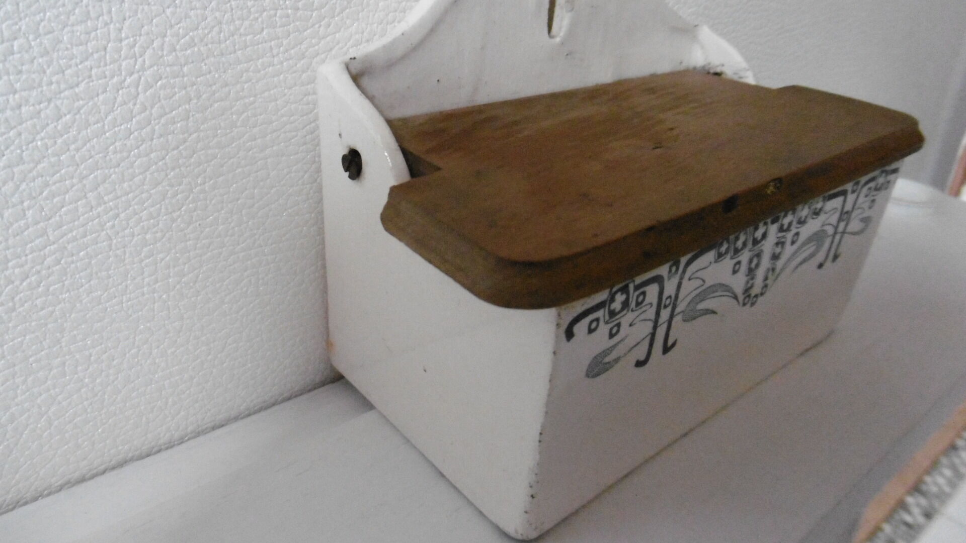 Earthenware salt box white white old blue