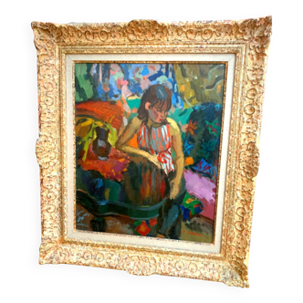 Pierre Cornu XX th.portrait of young woman.framed oil on canvas
