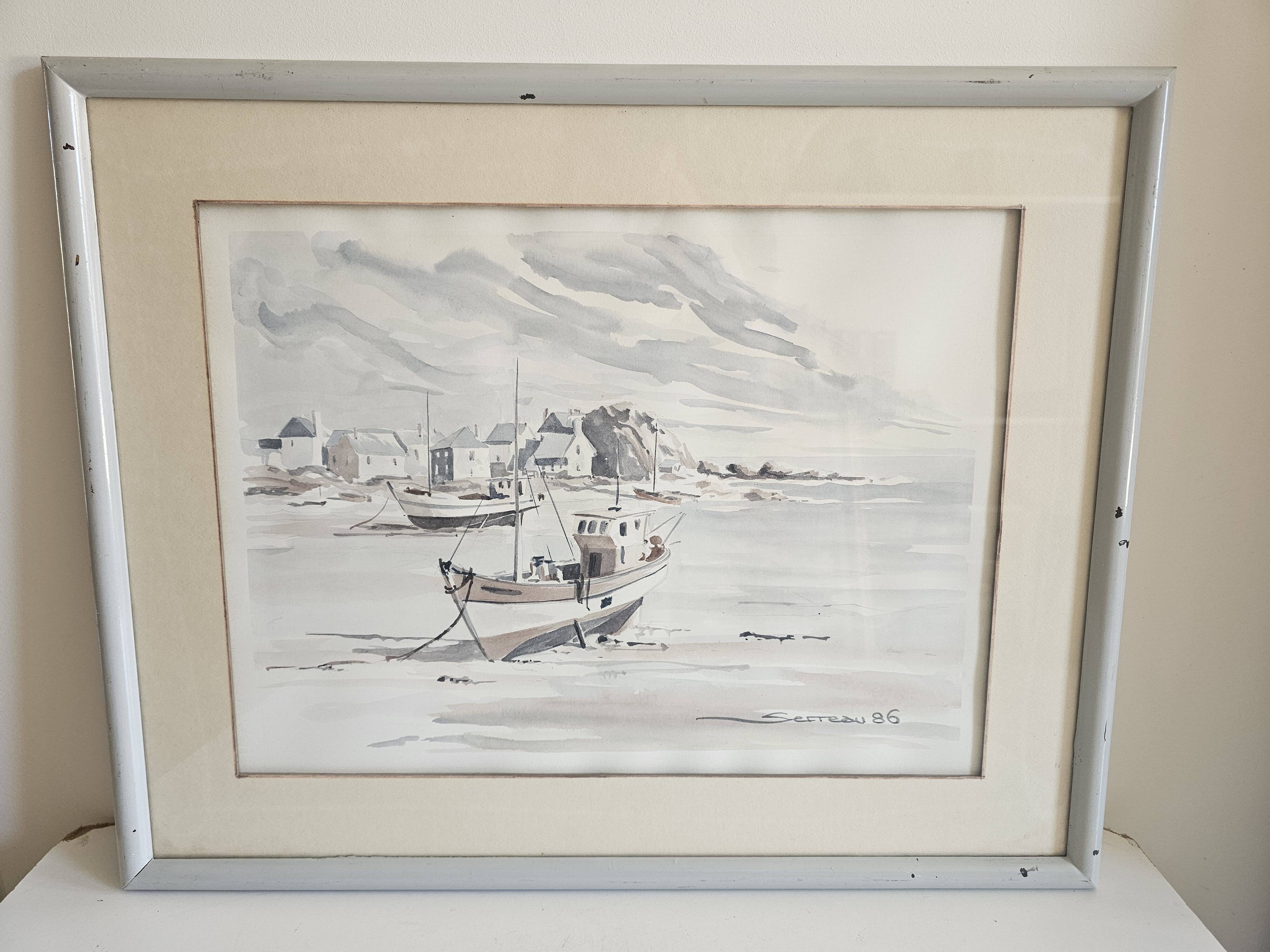 Tableau - Watercolour Landscape Brittany - Marine Boat - Signed Jen Pierre SER