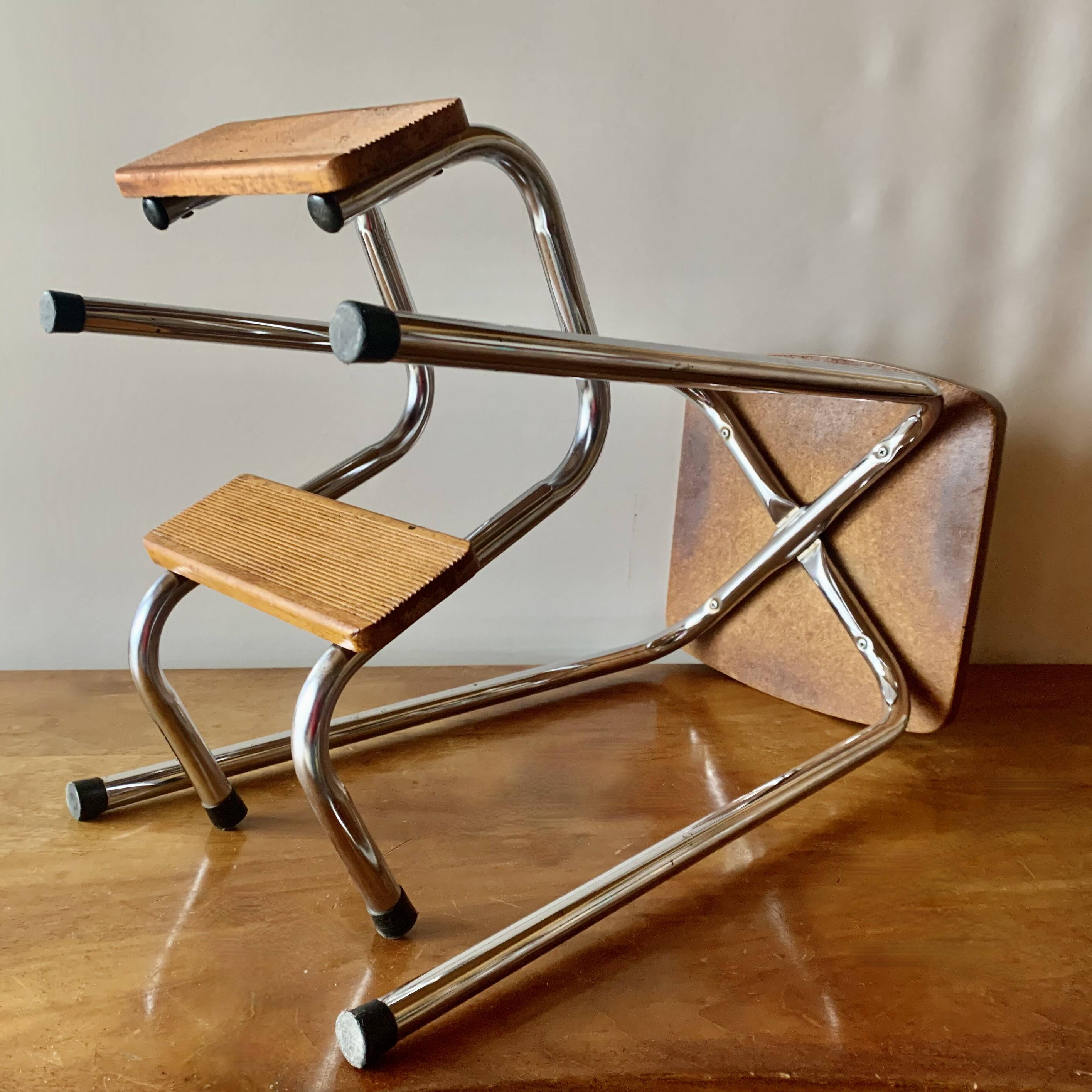 Vintage step stool in brown formica and chrome steel