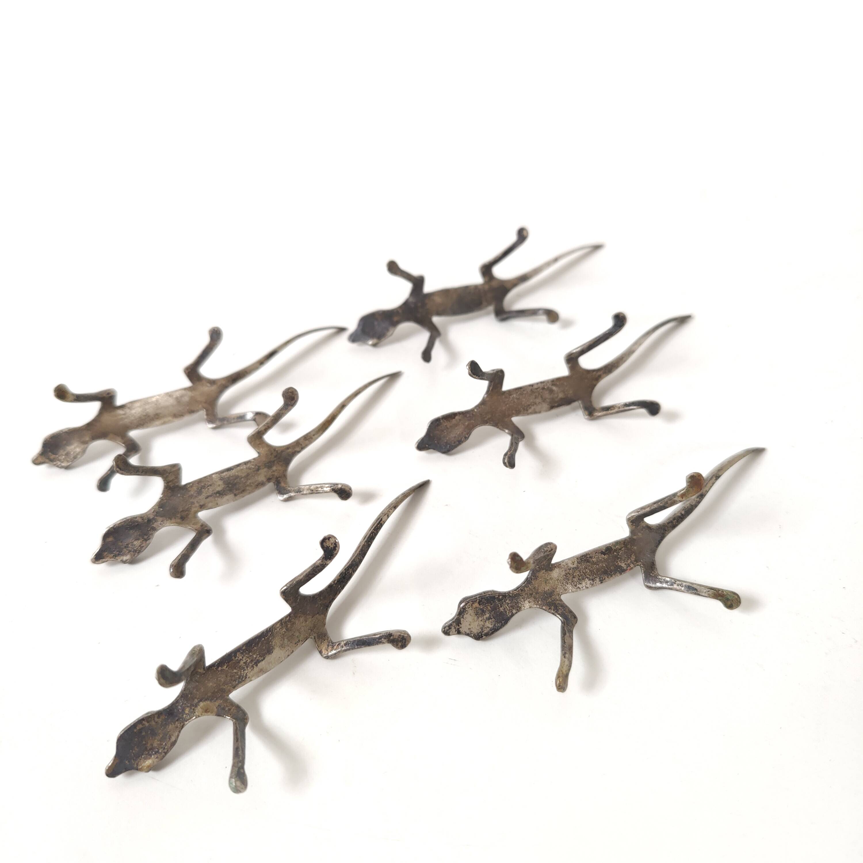 6 vintage knife holders reptile lizard silver metal