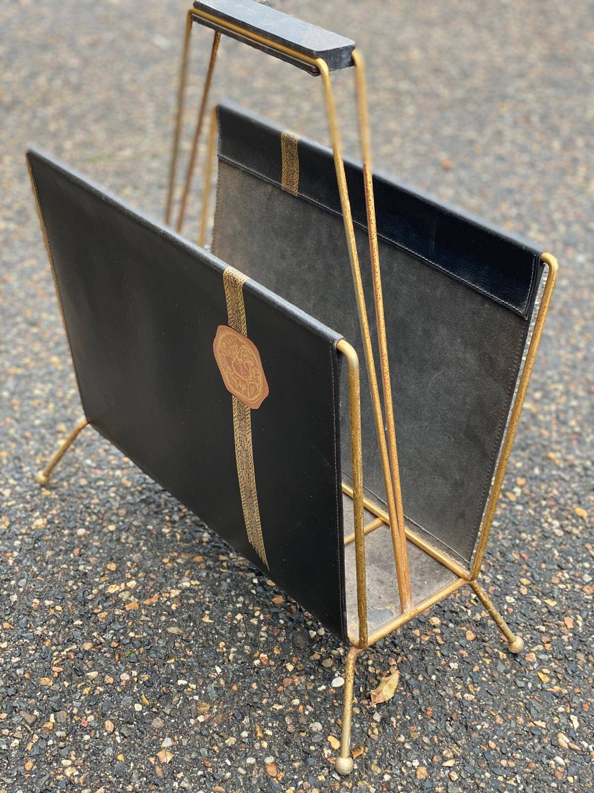 Vintage magazine rack document holder in black leather and gold metal