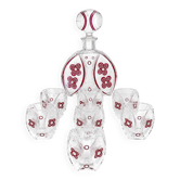Vintage liqueur service in decorated red glass – decanter and 7 glasses