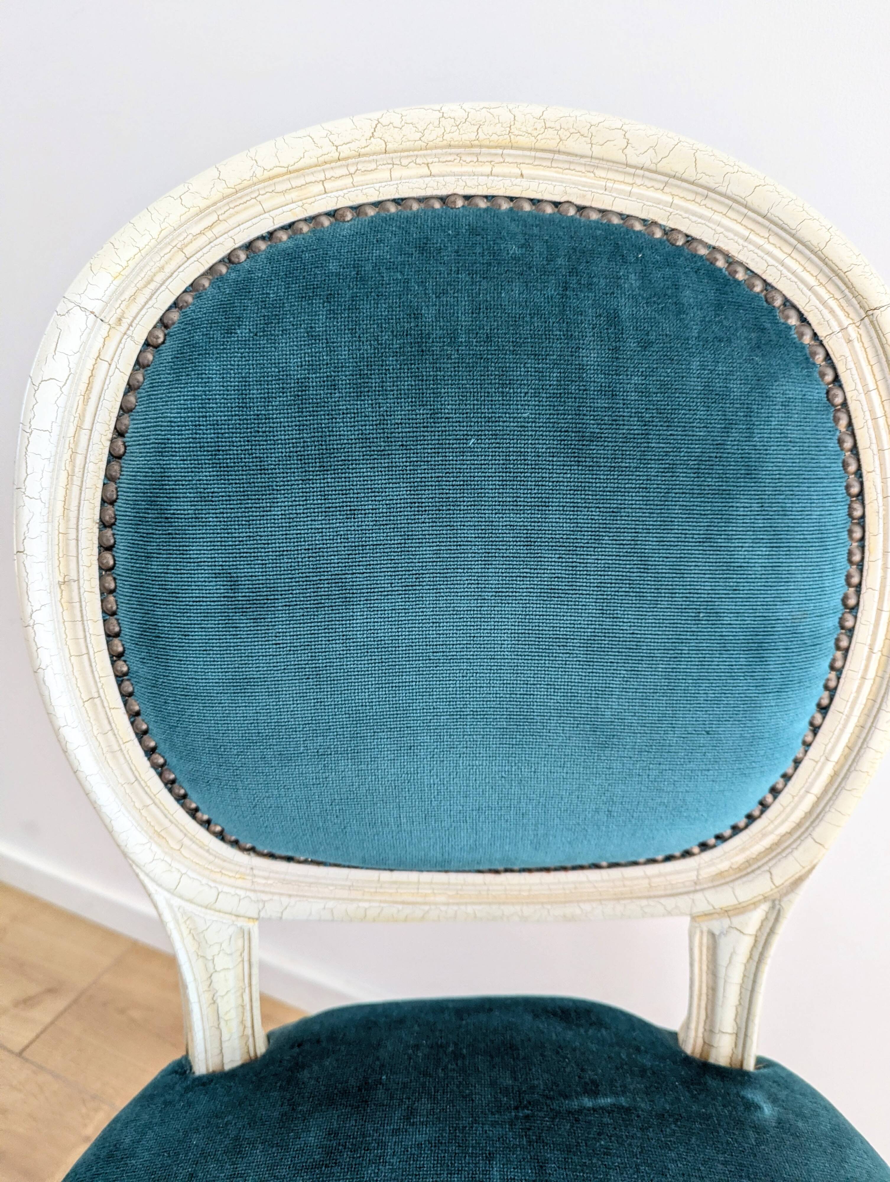 Vintage Louis XVI style chair in petrol blue velvet and patinated wood