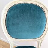 Vintage Louis XVI style chair in petrol blue velvet and patinated wood