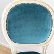 Vintage Louis XVI style chair in petrol blue velvet and patinated wood