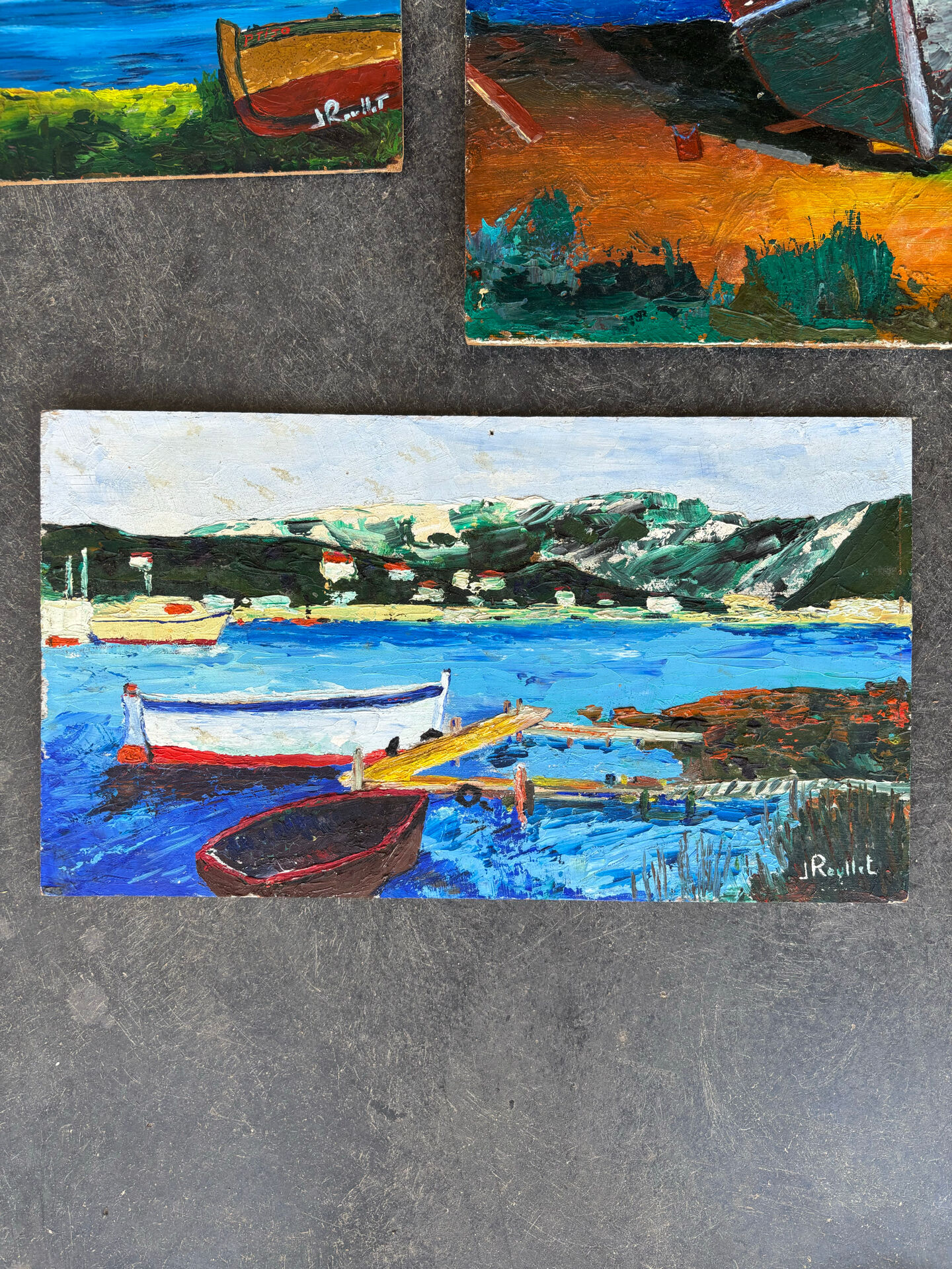 Suite de 3 huiles sur panneaux - paysages marins