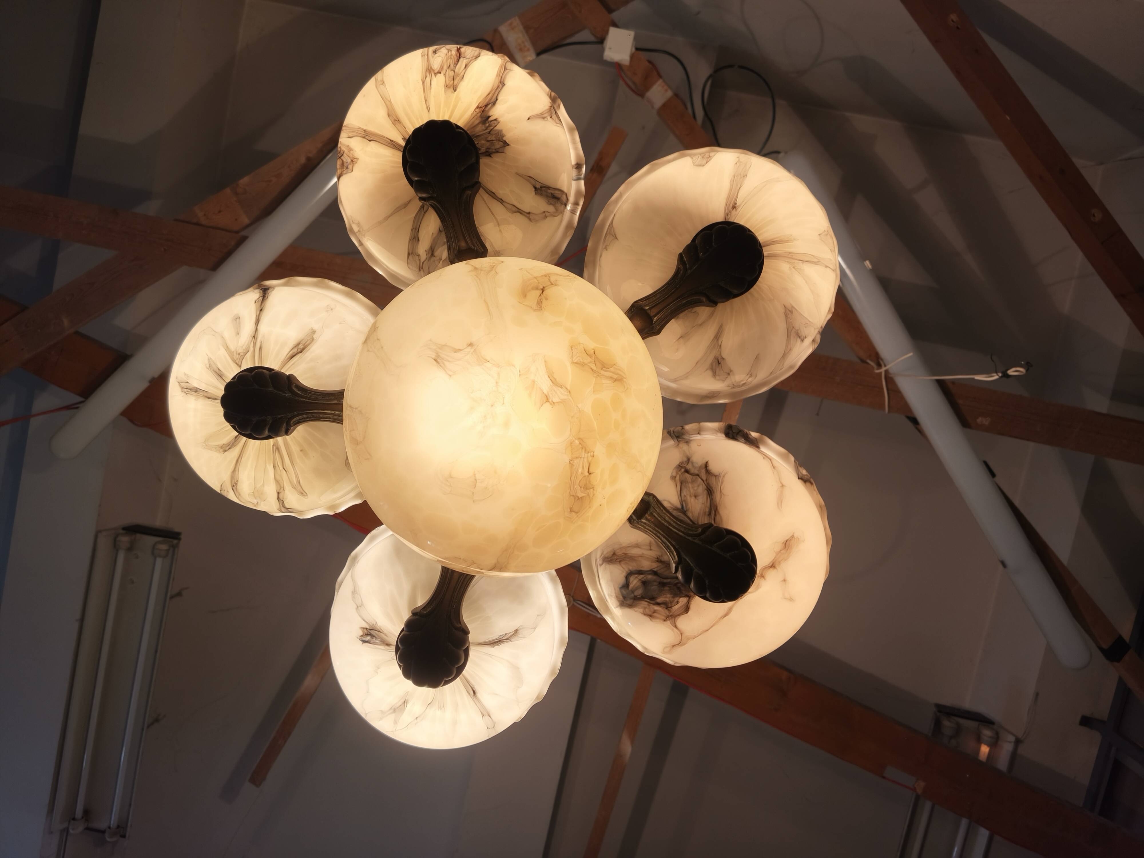 1940s Czech Art Deco Brass Opaline Glass Chandelier