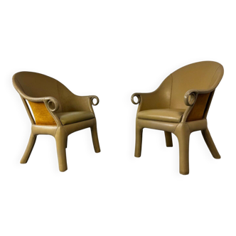 Modernist tropical brutalist leather chairs from Budji Layug, 1990s, set of 2