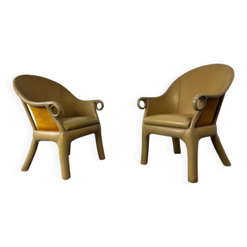 Brutalist tropical modernist leather chairs by Budji Layug, 1990s, set of 2.