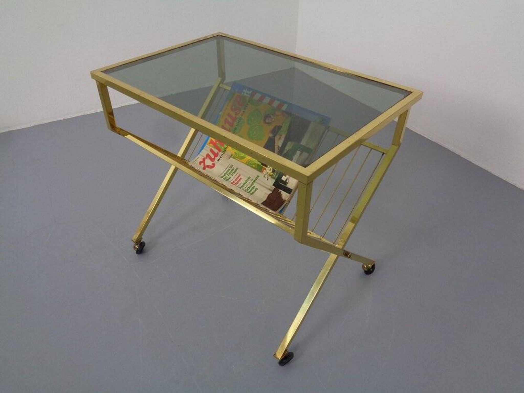French brass and glass cart with magazine rack, 1960s
