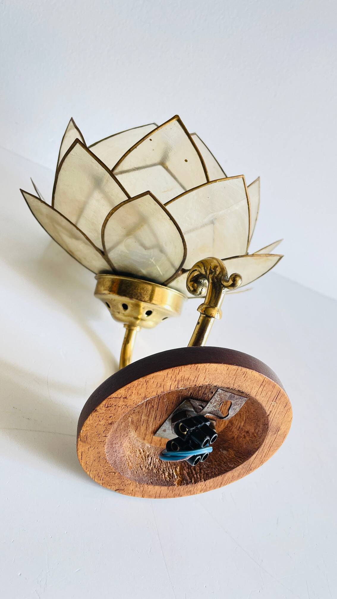 Vintage mother-of-pearl and brass flower wall lamp