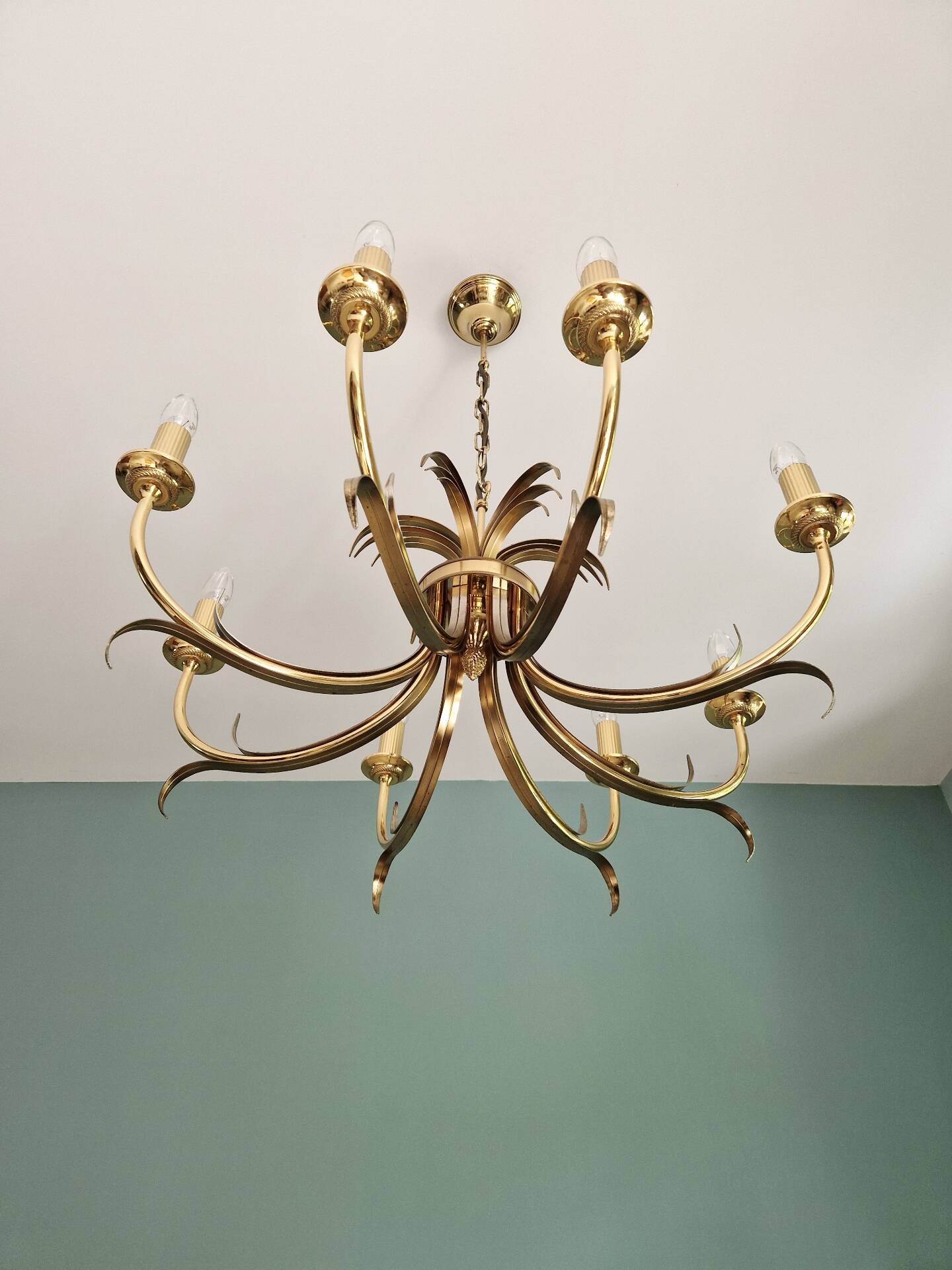 Brass chandelier, pineapple leaf decoration, Boulanger, 1970