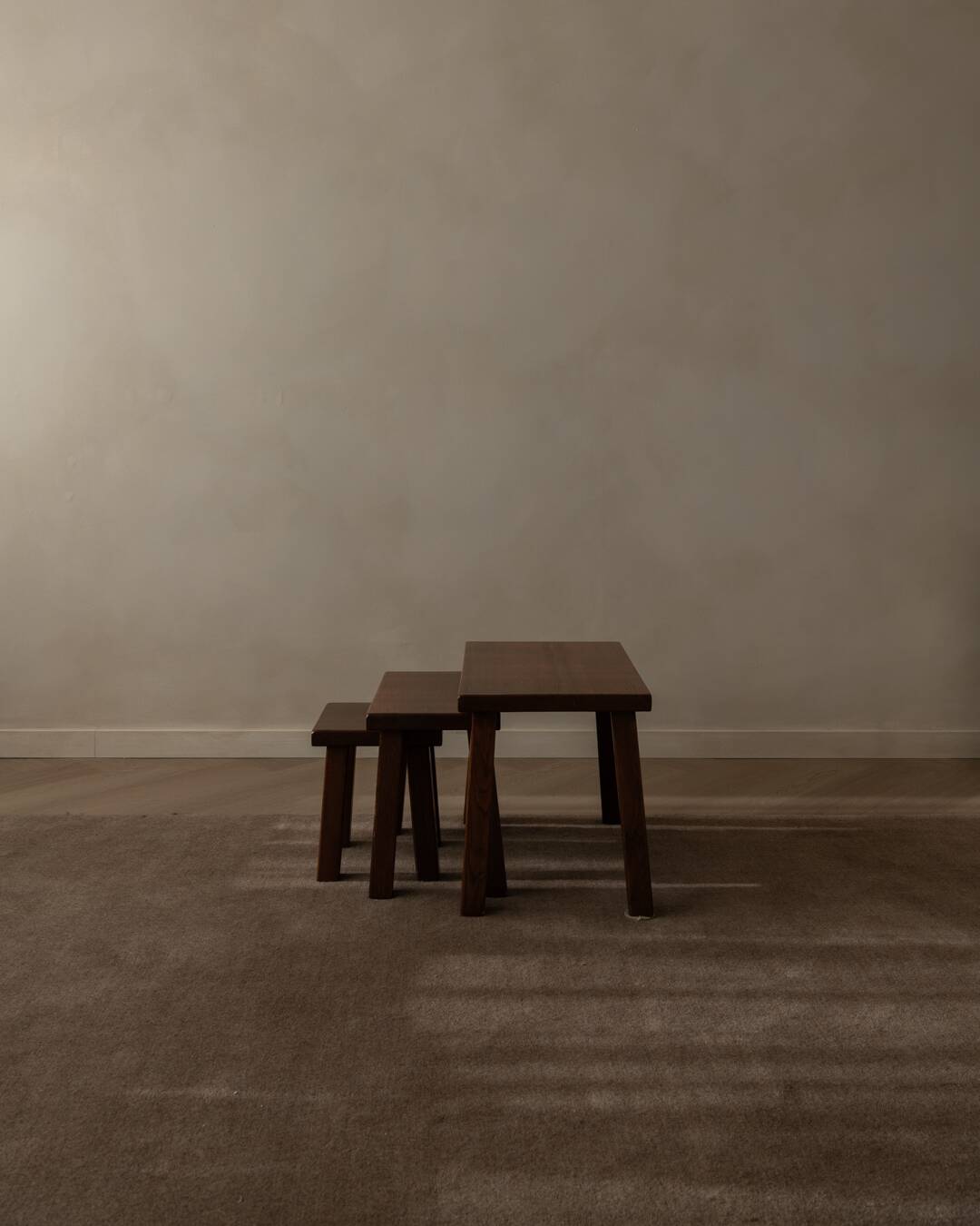 Vintage Brutalist Solid Oak Nesting Tables (Set of 3) – Dutch, 1970s