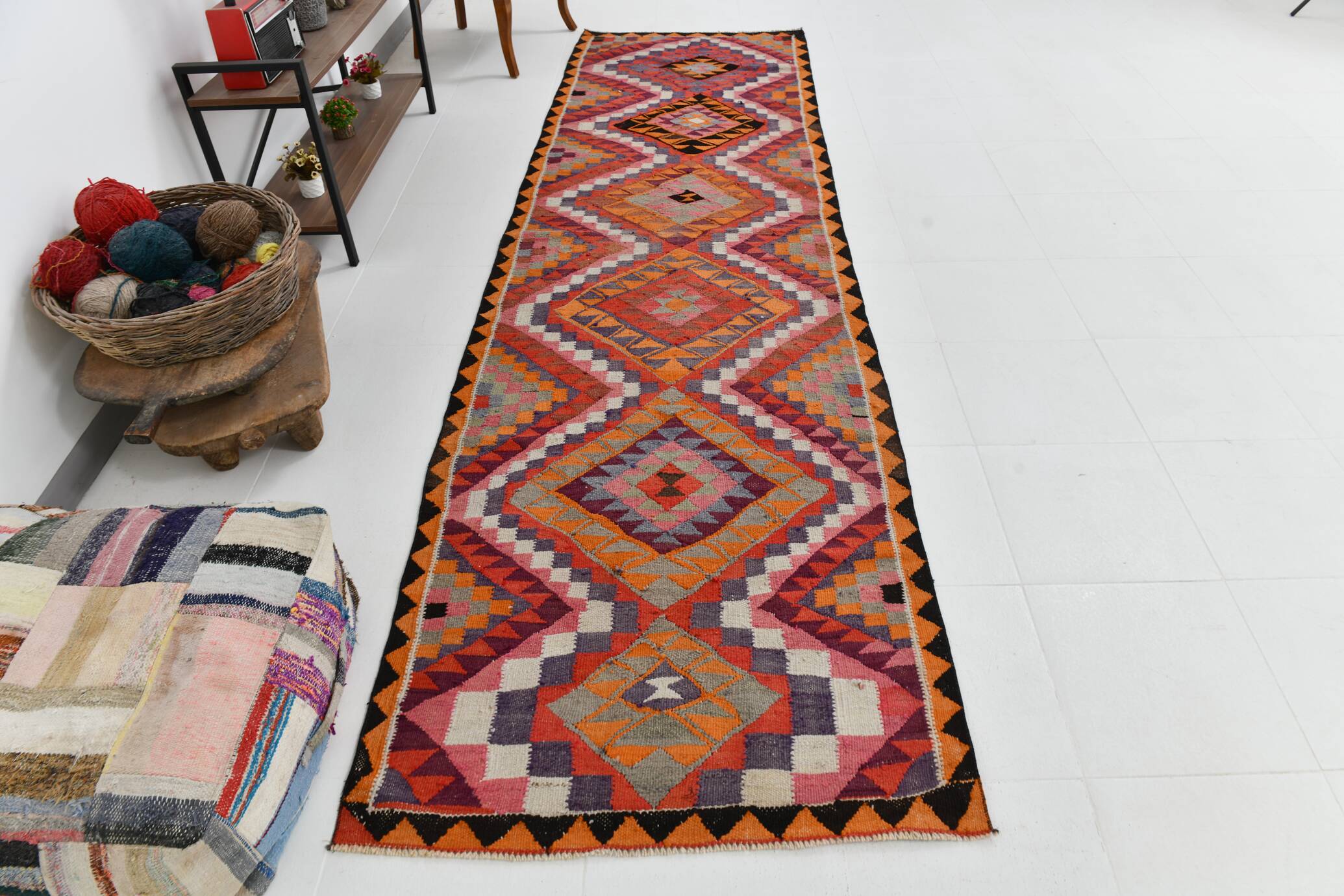 Tapis Kilim fait main rose orange 3x12 105x377 cm
