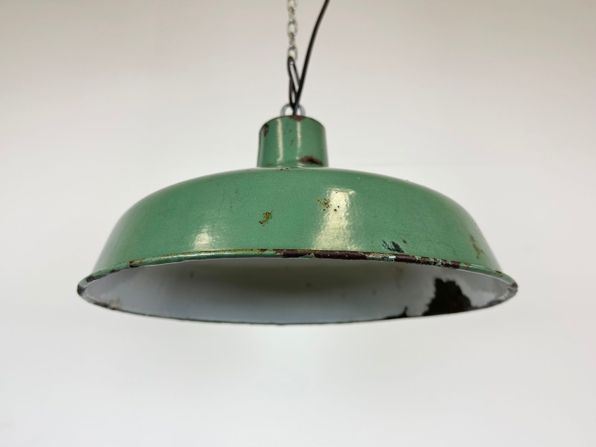 Industrial french green enamel factory lamp, 1960s