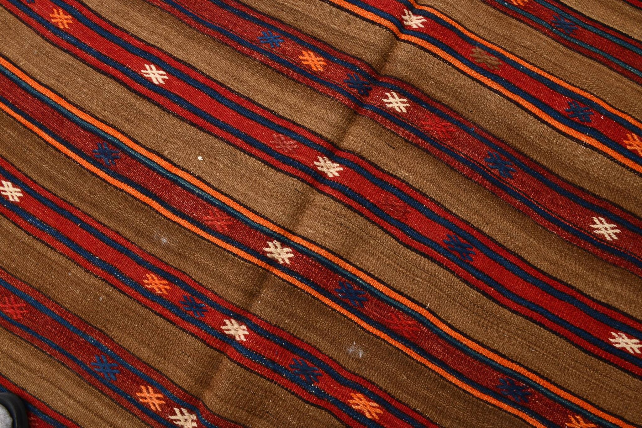 Turkish Striped Red Brown Vintage Kilim Rug, 154x246Cm