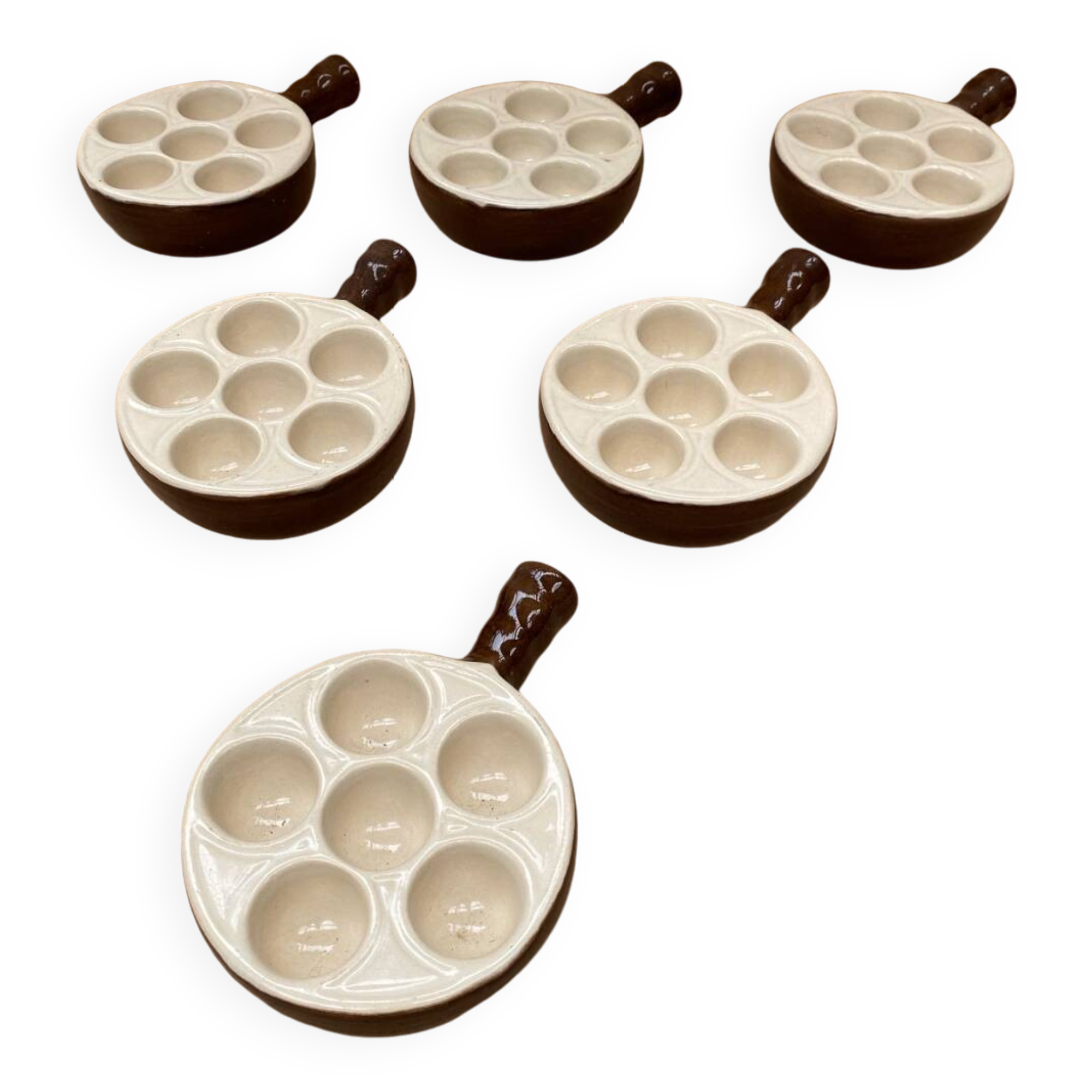 Set of 6 émile henry snail dishes in beige brown ceramic pan