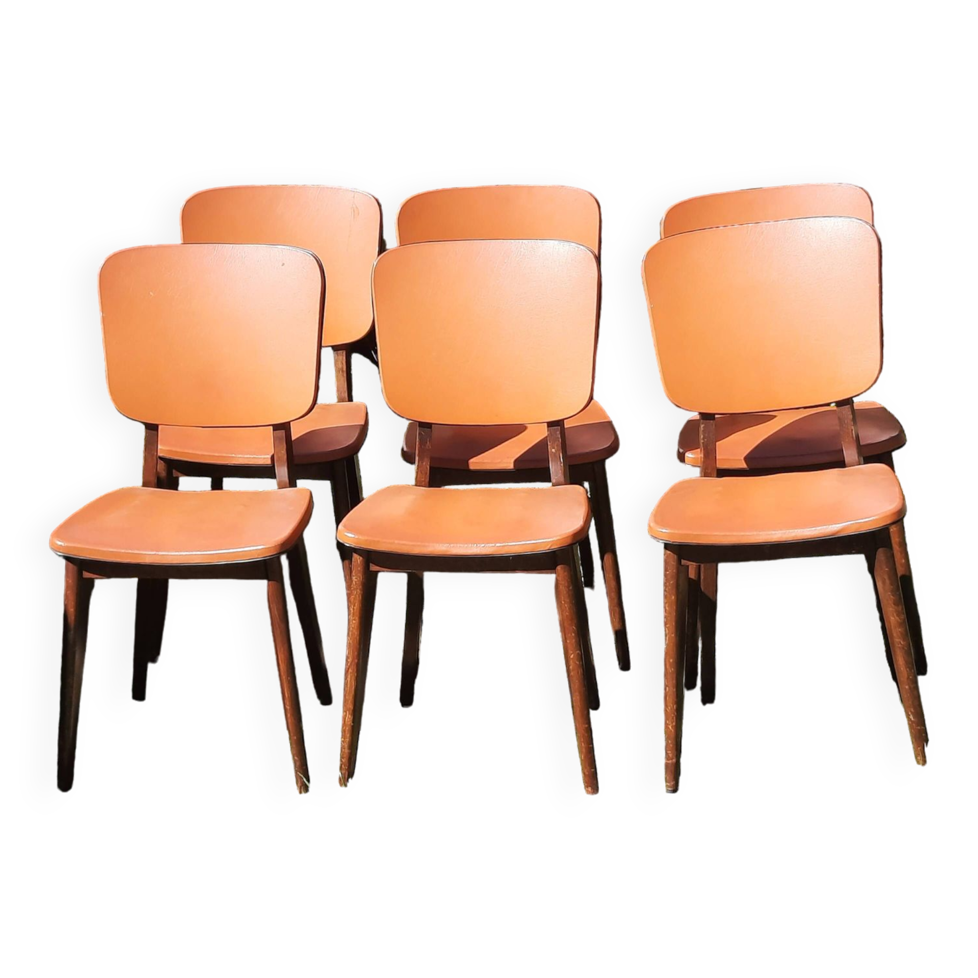 Set of 6 orange skai and wood chairs from the 60s