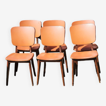 Set of 6 orange skai and wood chairs from the 60s