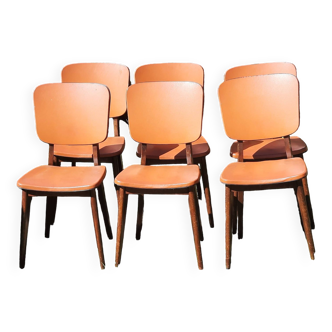 Set of 6 orange skai and wood chairs from the 60s