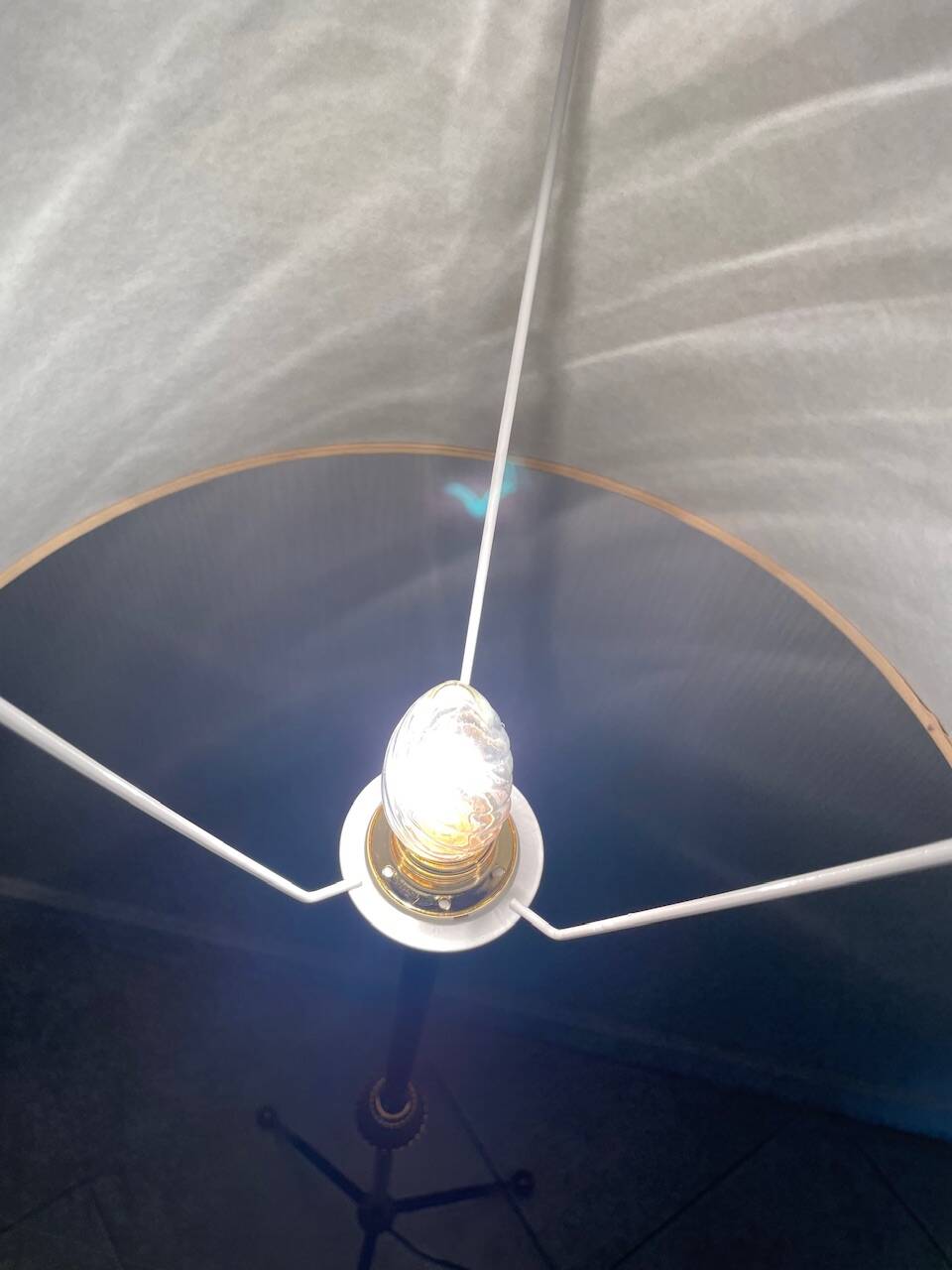 Vintage floor lamp, brass decorations, tripod legs circa 1960's