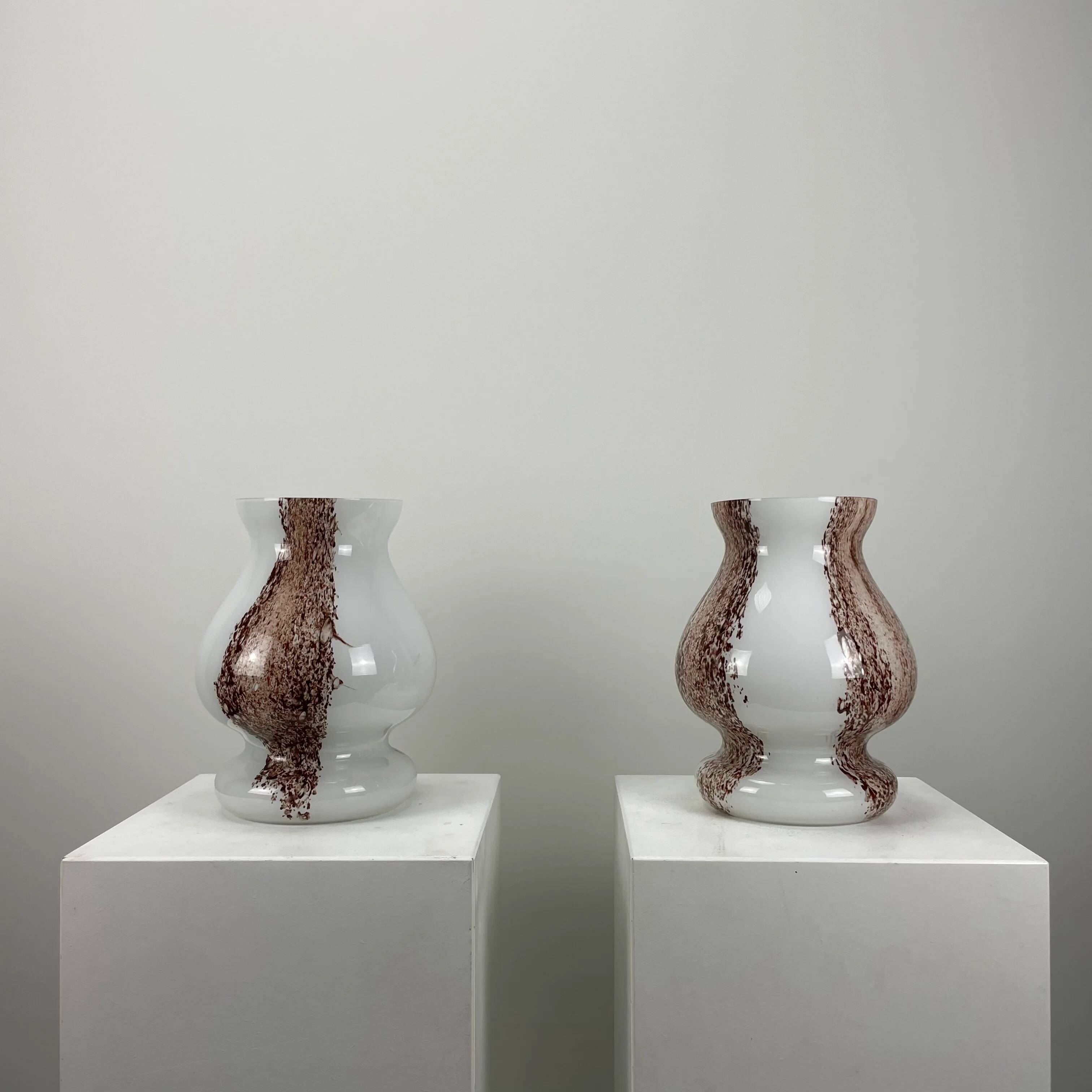 Pair of table lamps in white and brown glass in the shape of a mushroom by Doria Leuchten, 1970.