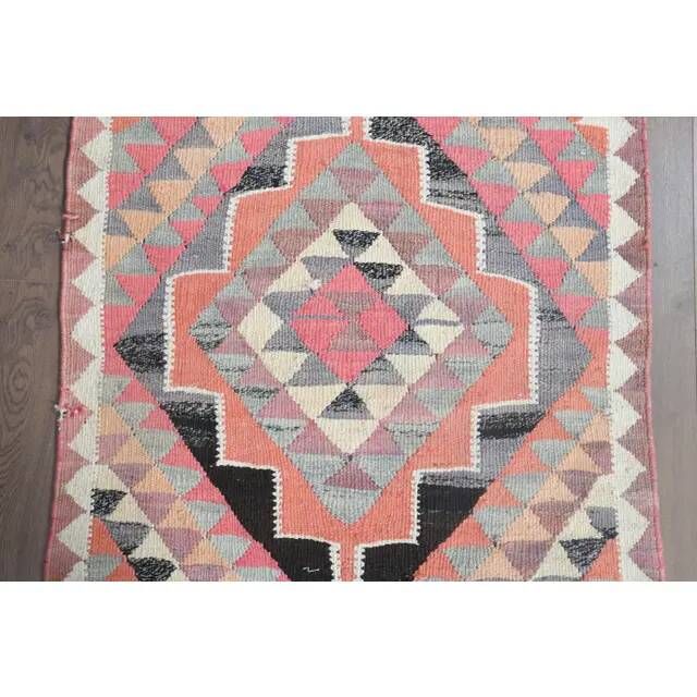 1970s Turkish Oushak Handmade Wool Cotton Pink Runner Rug 93x358