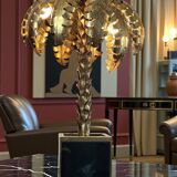 Lampe palmier en metal doré avec socle en plaque de verre style année 70
