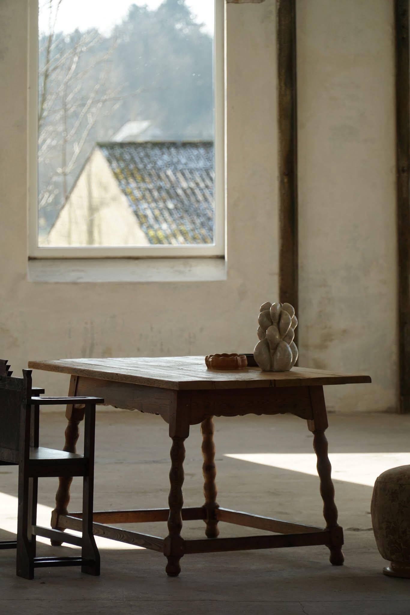 Modern French rectangular dining table in solid pine, handmade, 1900s.