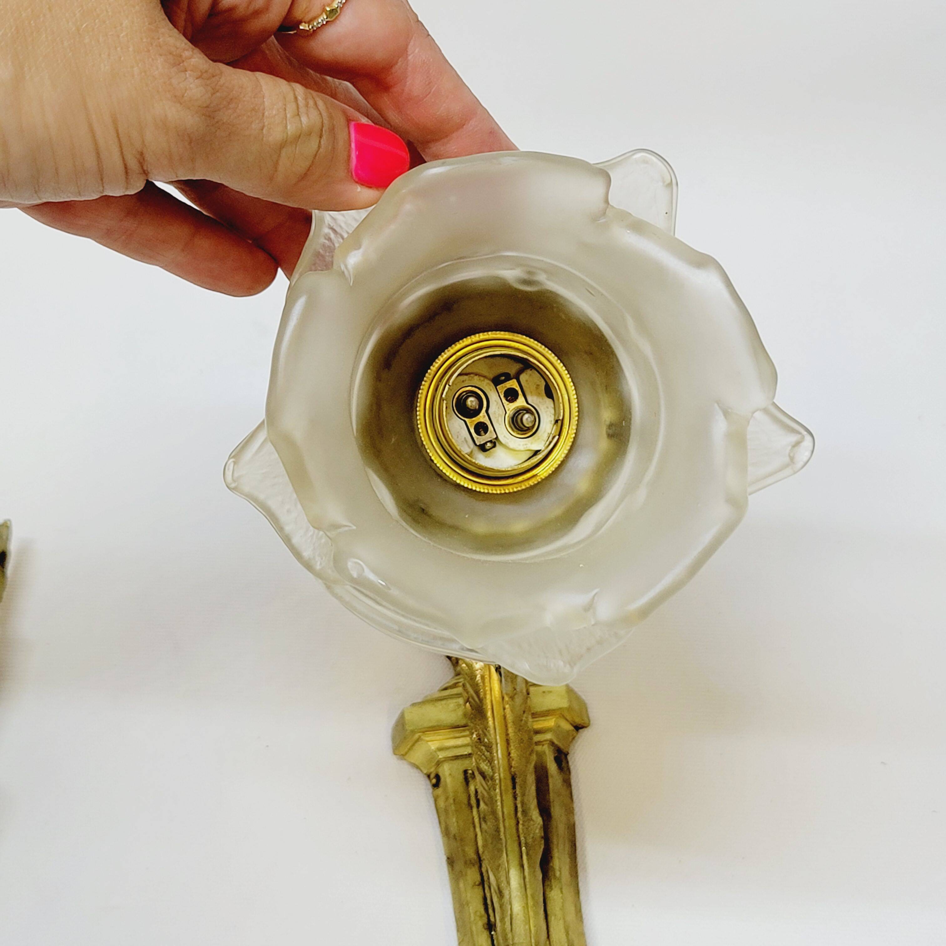 2 19th Century Gilt Bronze Wall Sconces with Molded Glass Globes in the Shape of