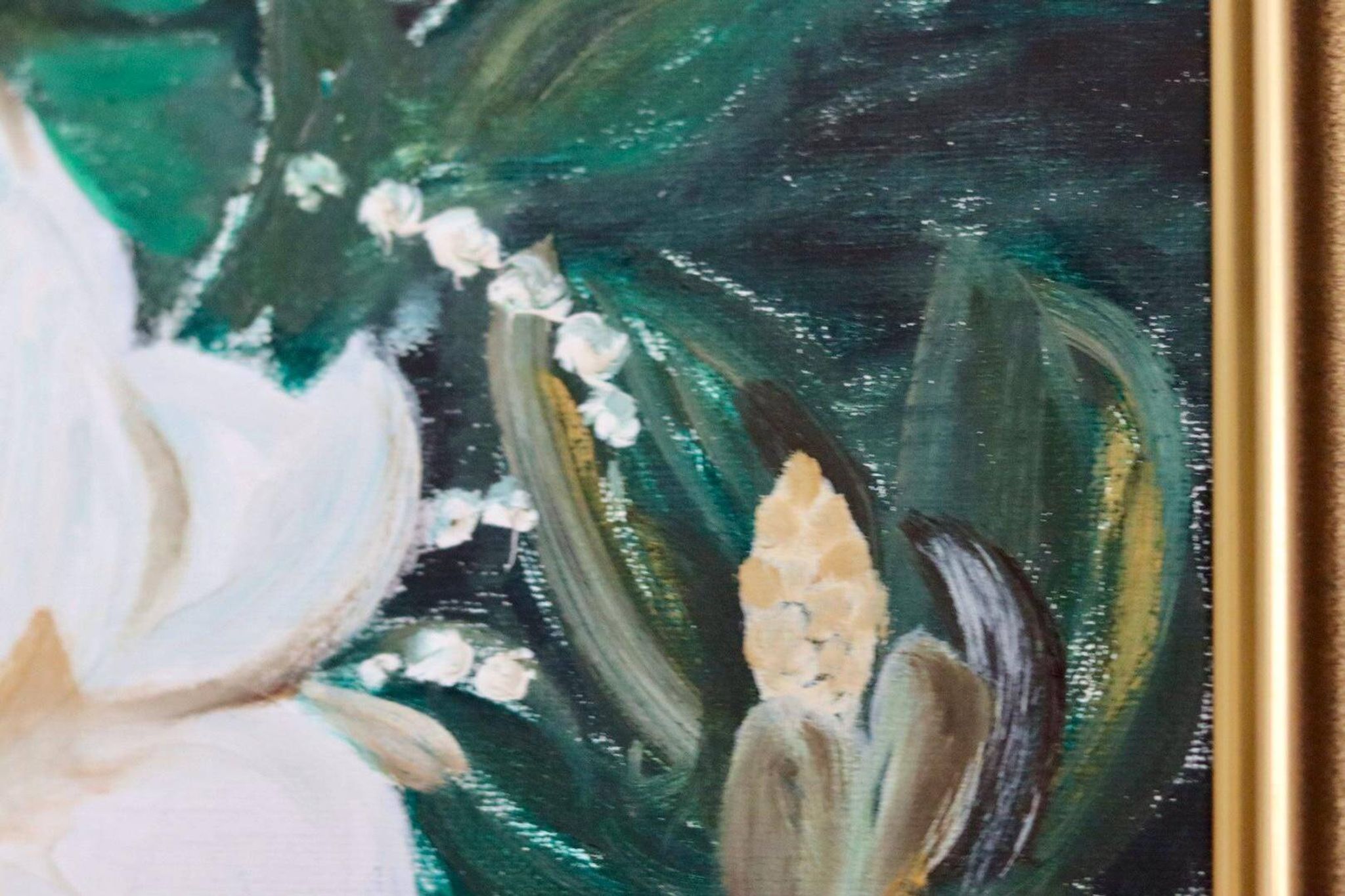 Huile sur toile « Motifs floraux » par Eila C, Suède milieu XXème