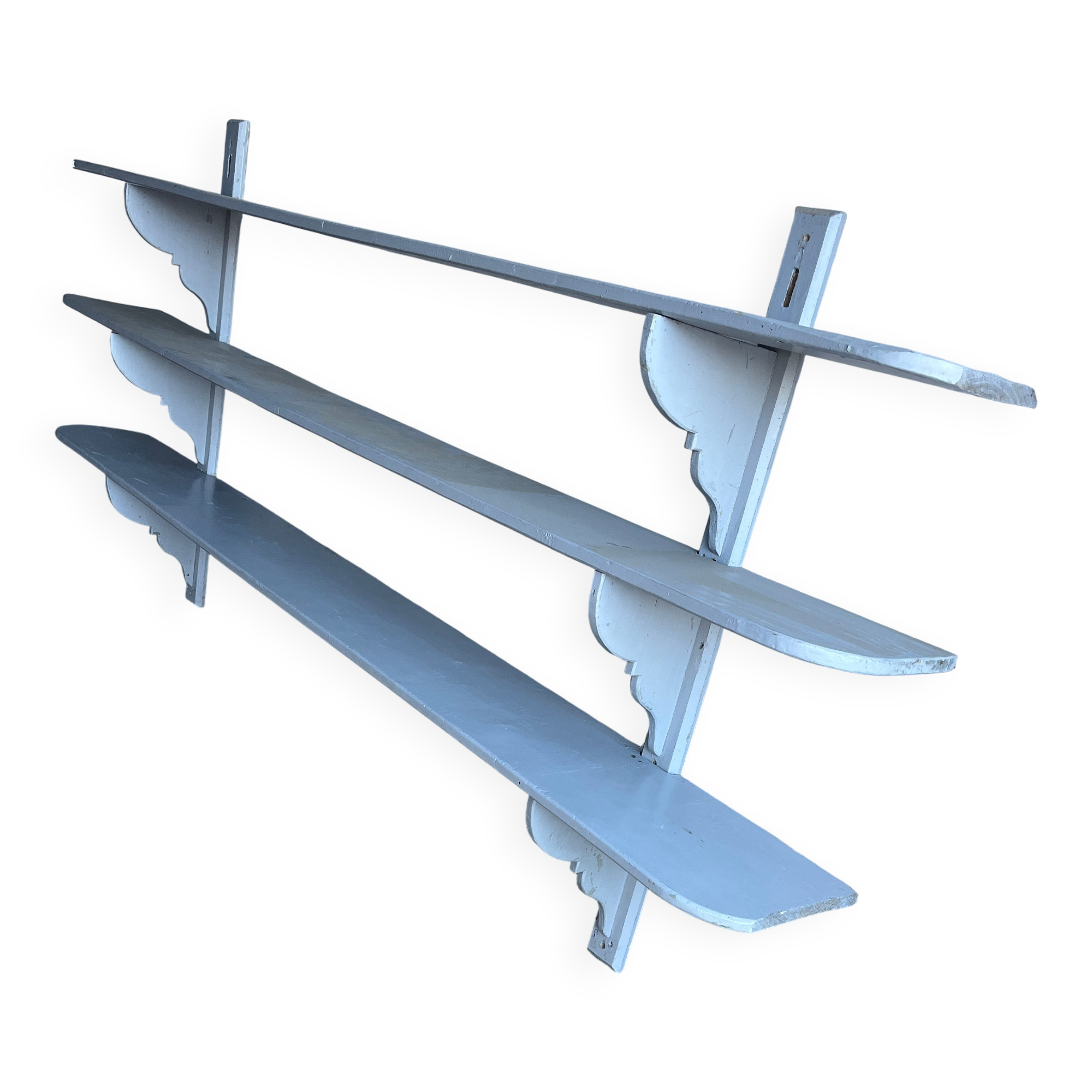 XL Antique French Wall Rack — Painted Grey Solid Wood, 3-Tier 249cm Industrial Farmhouse Shelf