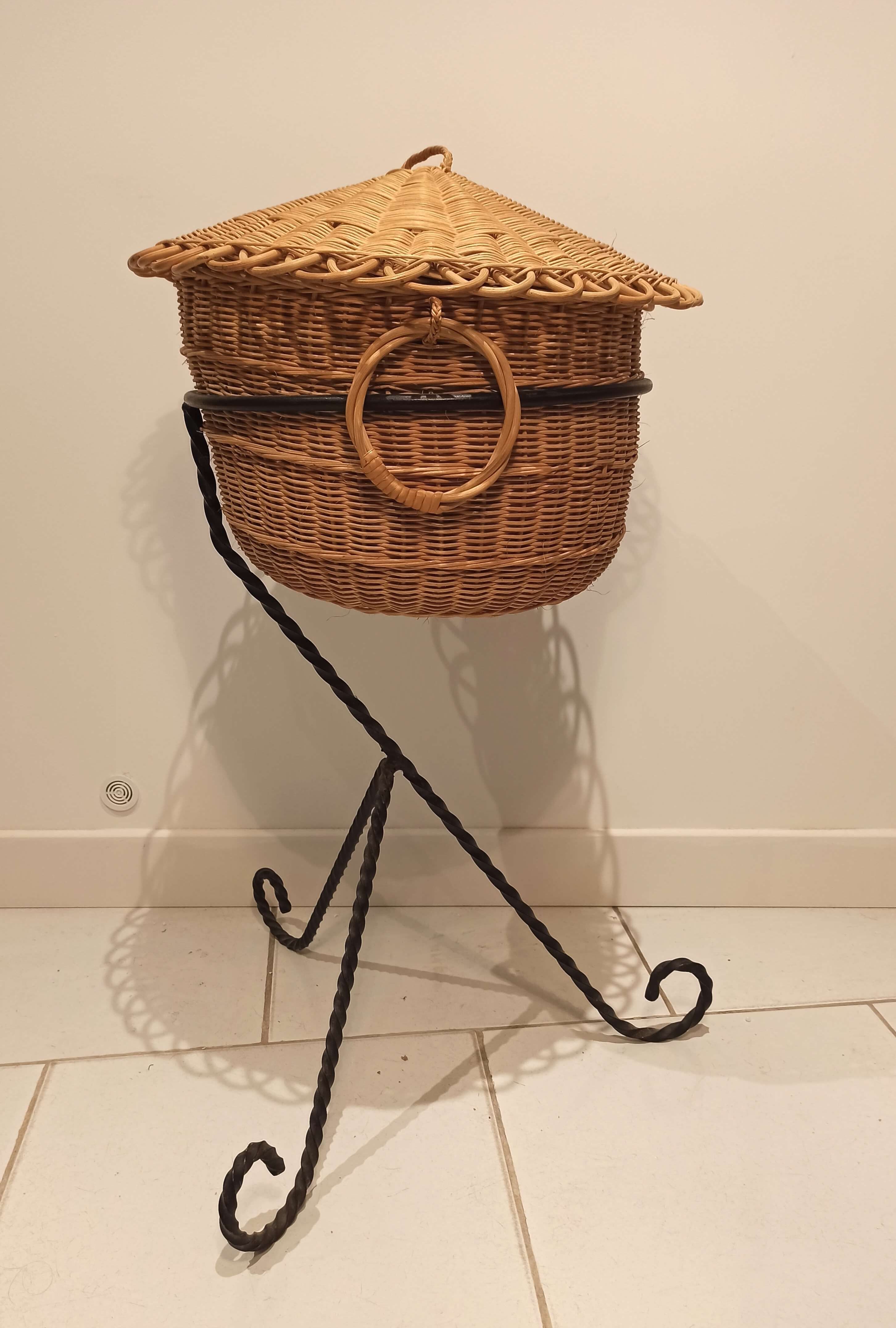 Vintage black metal tripod worker basket and wicker lid