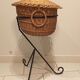 Vintage black metal tripod worker basket and wicker lid