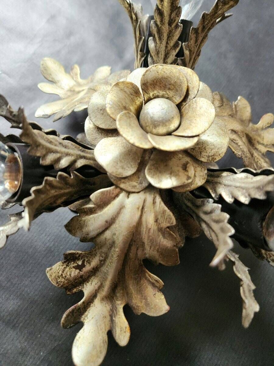 Vintage Florentine floral hand-forged silver-plated 3-light flush mount from Banci Firenze, Italy, Florence 1960s, set of 5