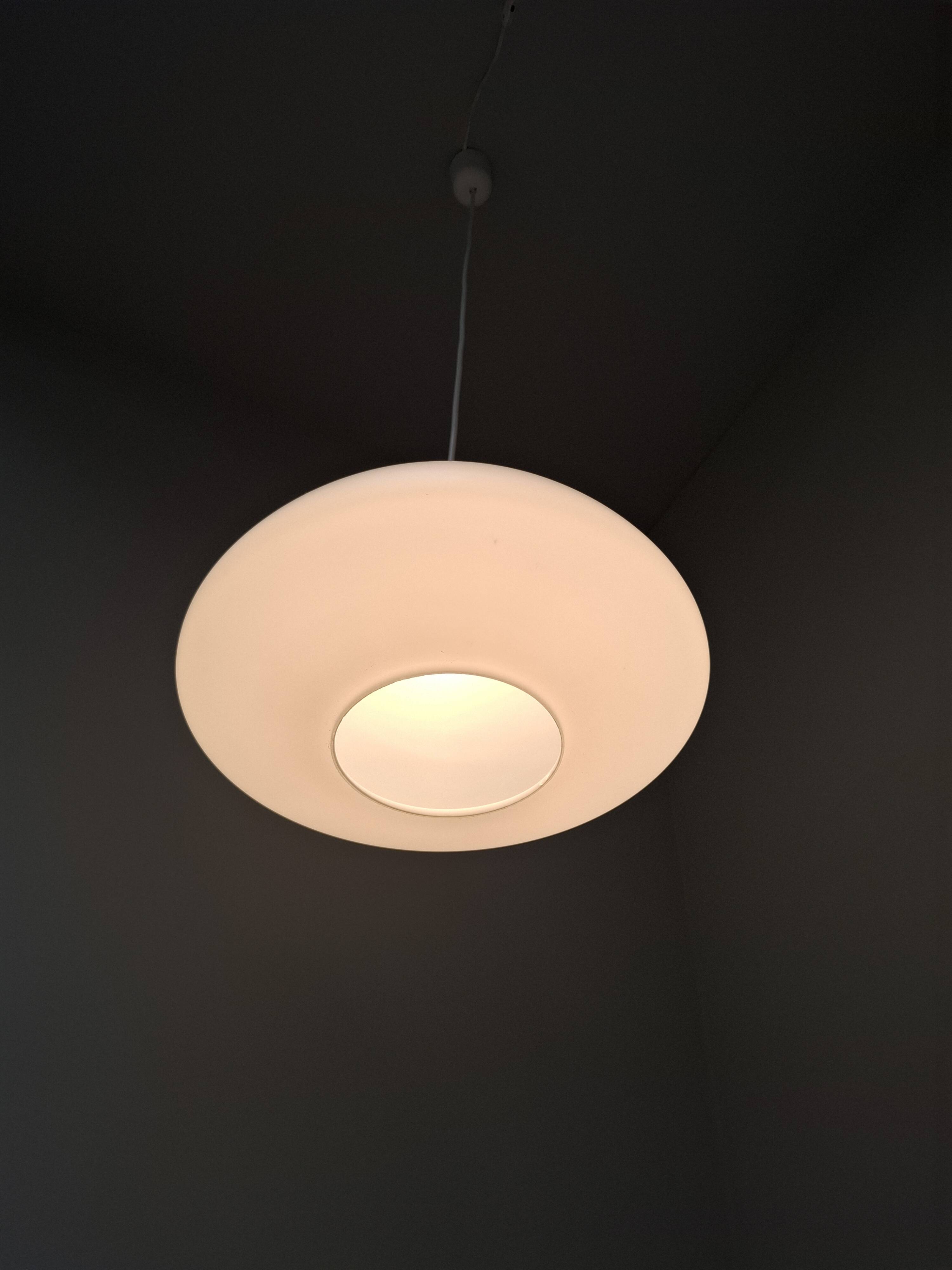 Czechoslovak Midcentury Modern Pendant Light in Opaline Glass and Plastic,