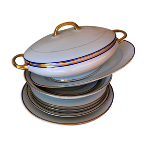service de table art déco porcelaine de limoges blanc liseré bleu et or 61 pièces signées