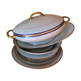 service de table art déco porcelaine de limoges blanc liseré bleu et or 61 pièces signées