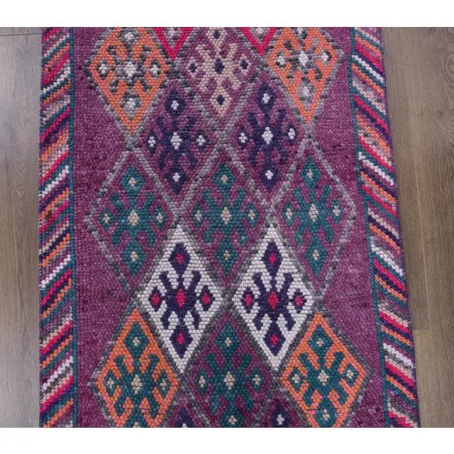 1970s Turkish Handmade Wool Diamond Pink Purpler Runner Rug 77x392